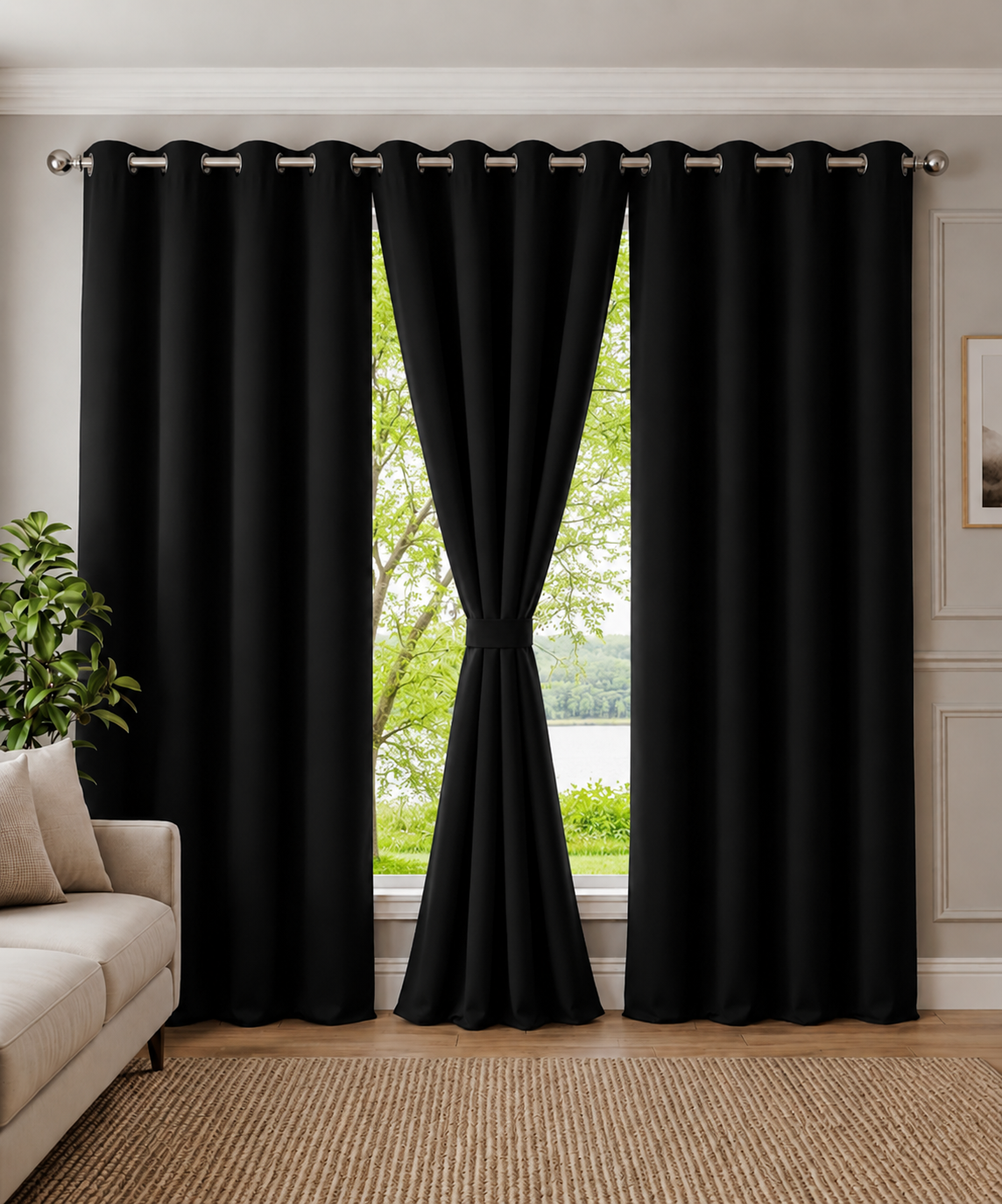 Loftura 100% Blackout Curtains for Door & Window | Set of 2 or Set of 3 | Thermal Insulated | Noise Reducing | Premium Heavy Fabric | 8 Grommets eyelids Curtains | Black