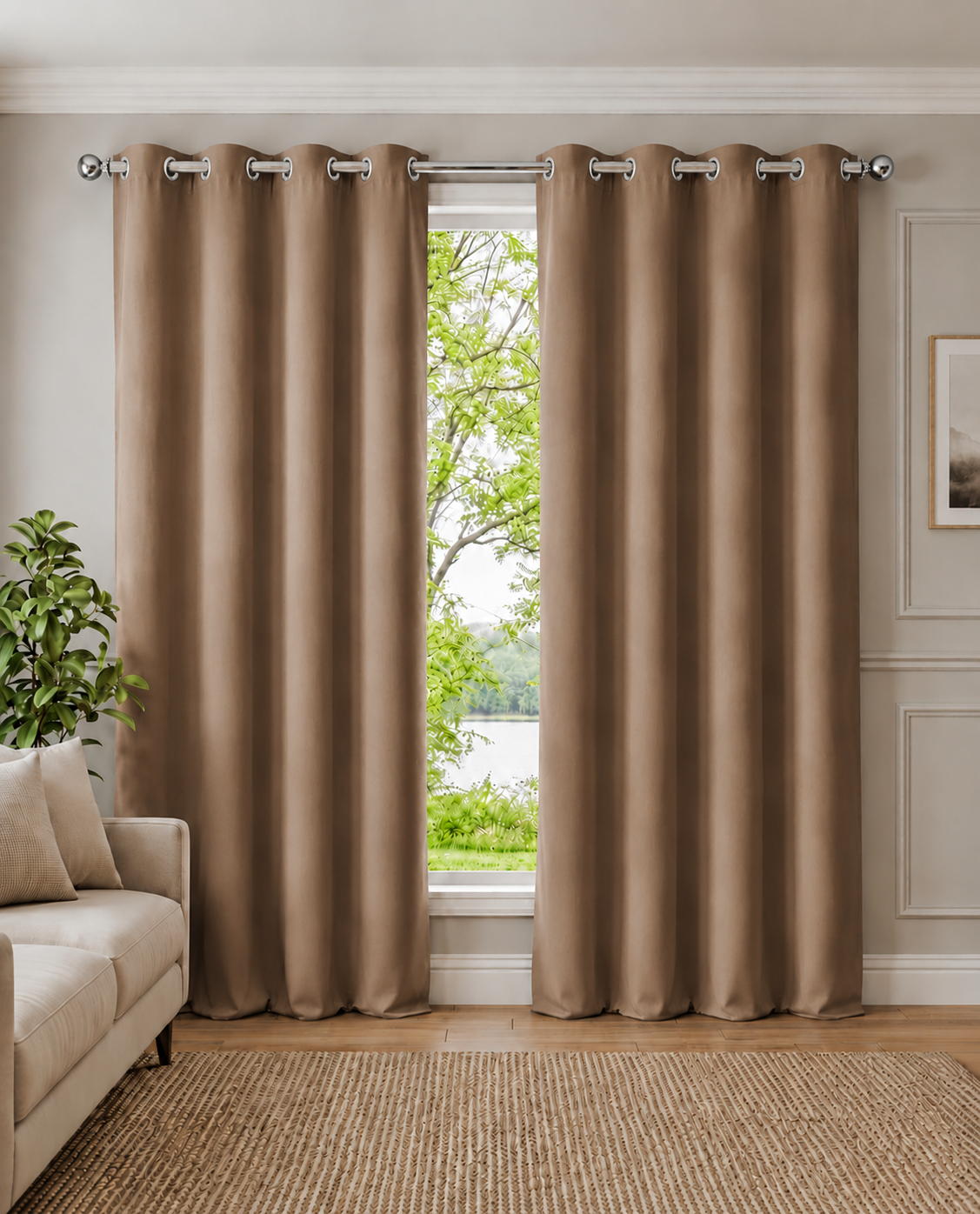 Loftura 100% Blackout Curtains for Door & Window | Set of 2 | Thermal Insulated | Noise Reducing | Premium Heavy Fabric | 8 Grommets eyelids Curtains | Light brown