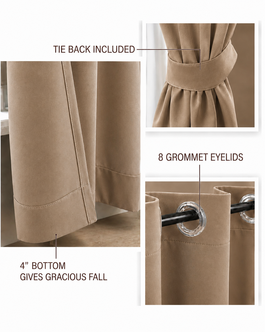 Loftura 100% Blackout Curtains for Door & Window | Set of 2 | Thermal Insulated | Noise Reducing | Premium Heavy Fabric | 8 Grommets eyelids Curtains | Light brown