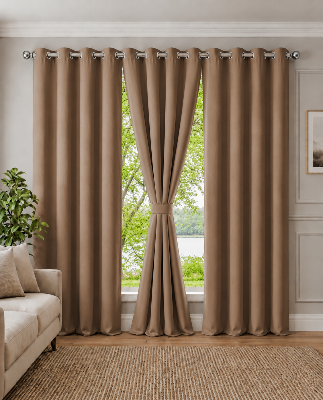 Loftura 100% Blackout Curtains for Door & Window | Set of 2 0r Set of 3 Thermal Insulated | Noise Reducing | Premium Heavy Fabric | 8 Grommets eyelids Curtains | Light brown
