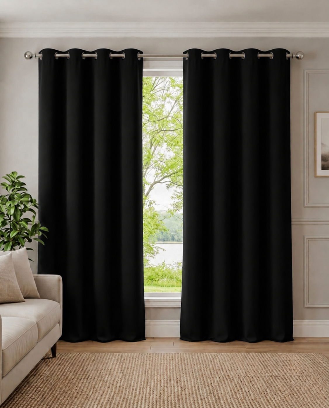 Loftura 100% Blackout Curtains for Door & Window | Set of 2 | Thermal Insulated | Noise Reducing | Premium Heavy Fabric | 8 Grommets eyelids Curtains | Black