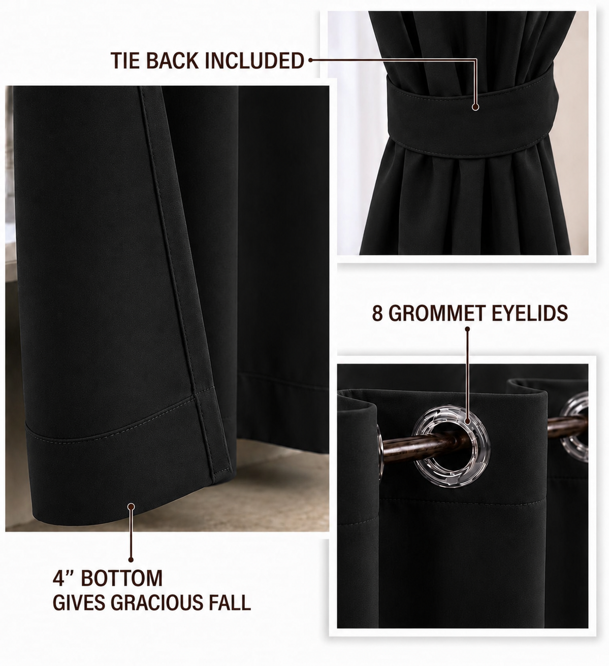 Loftura 100% Blackout Curtains for Door & Window | Set of 2 | Thermal Insulated | Noise Reducing | Premium Heavy Fabric | 8 Grommets eyelids Curtains | Black