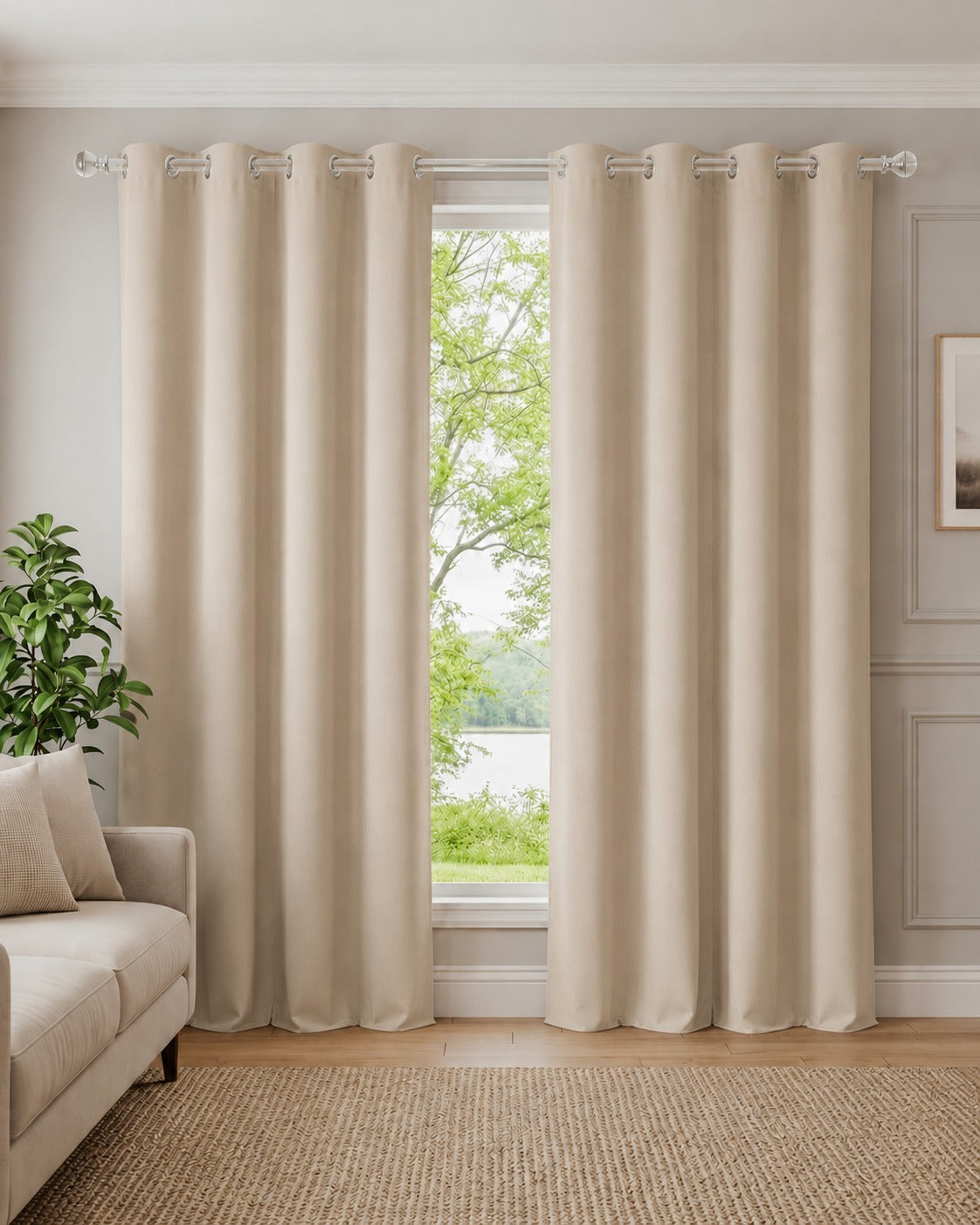 Loftura 100% Blackout Curtains for Door & Window | Set of 2 | Thermal Insulated | Noise Reducing | Premium Heavy Fabric | 8 Grommets eyelids Curtains | Beige color
