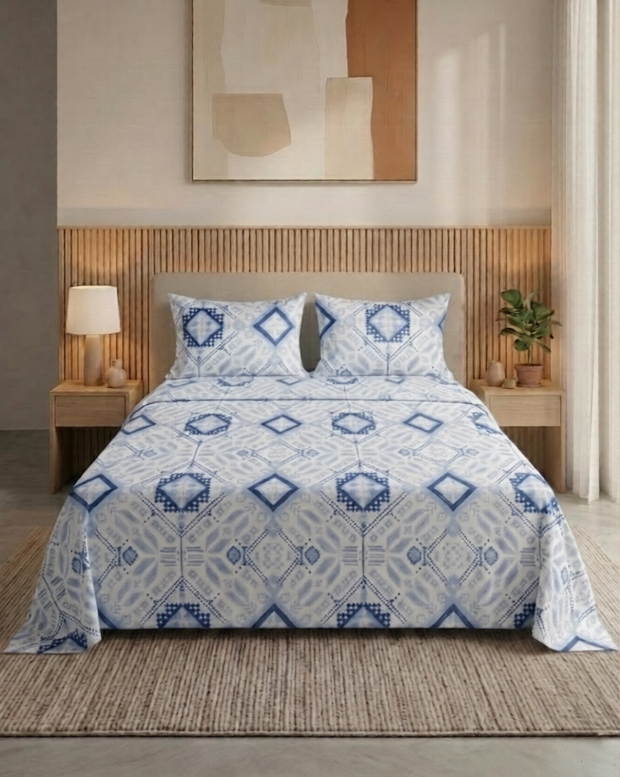 100% Cotton Ethnic Pixel Weave flat bedsheet - Blue