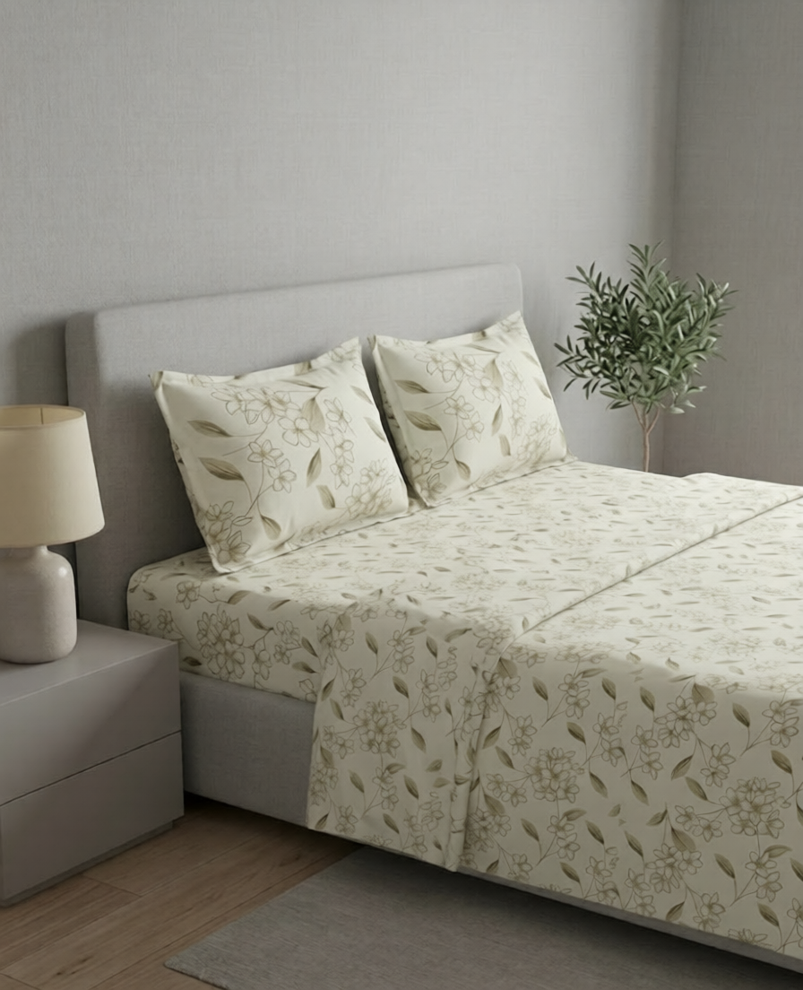 100% Cotton Floral Dreamscape flat bedsheet - beige