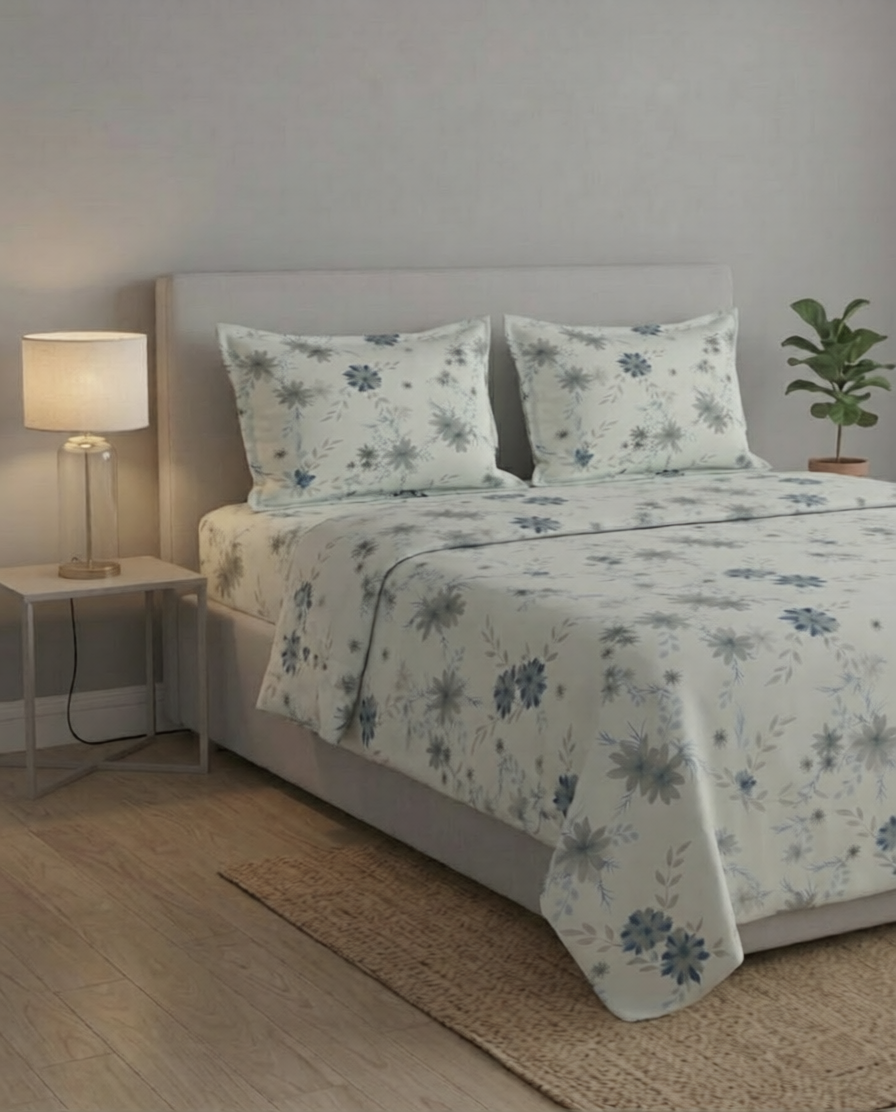 100% Cotton Serene Bloom flat bedsheet - Grey-Blue