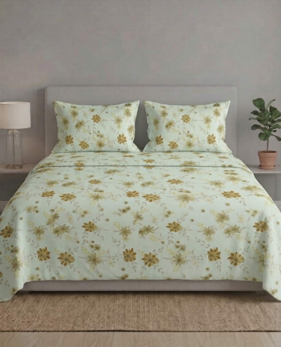 100% Cotton Serene Bloom flat bedsheet - Yellow-Brown
