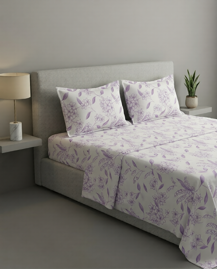 100% Cotton Floral Dreamscape flat bedsheet - Lavender