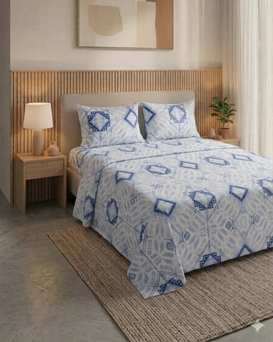 100% Cotton Ethnic Pixel Weave flat bedsheet - Blue