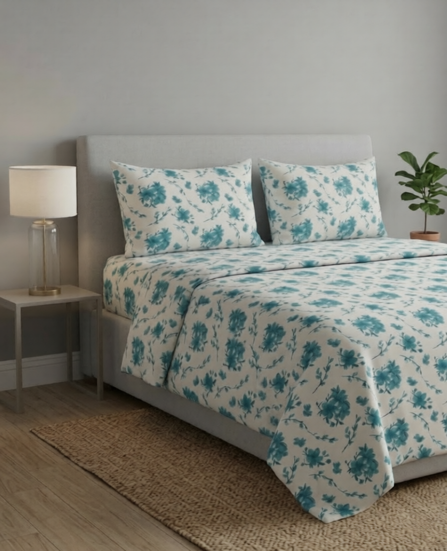 100% Cotton The Aurelia Flora flat bedsheet - Blue Accent