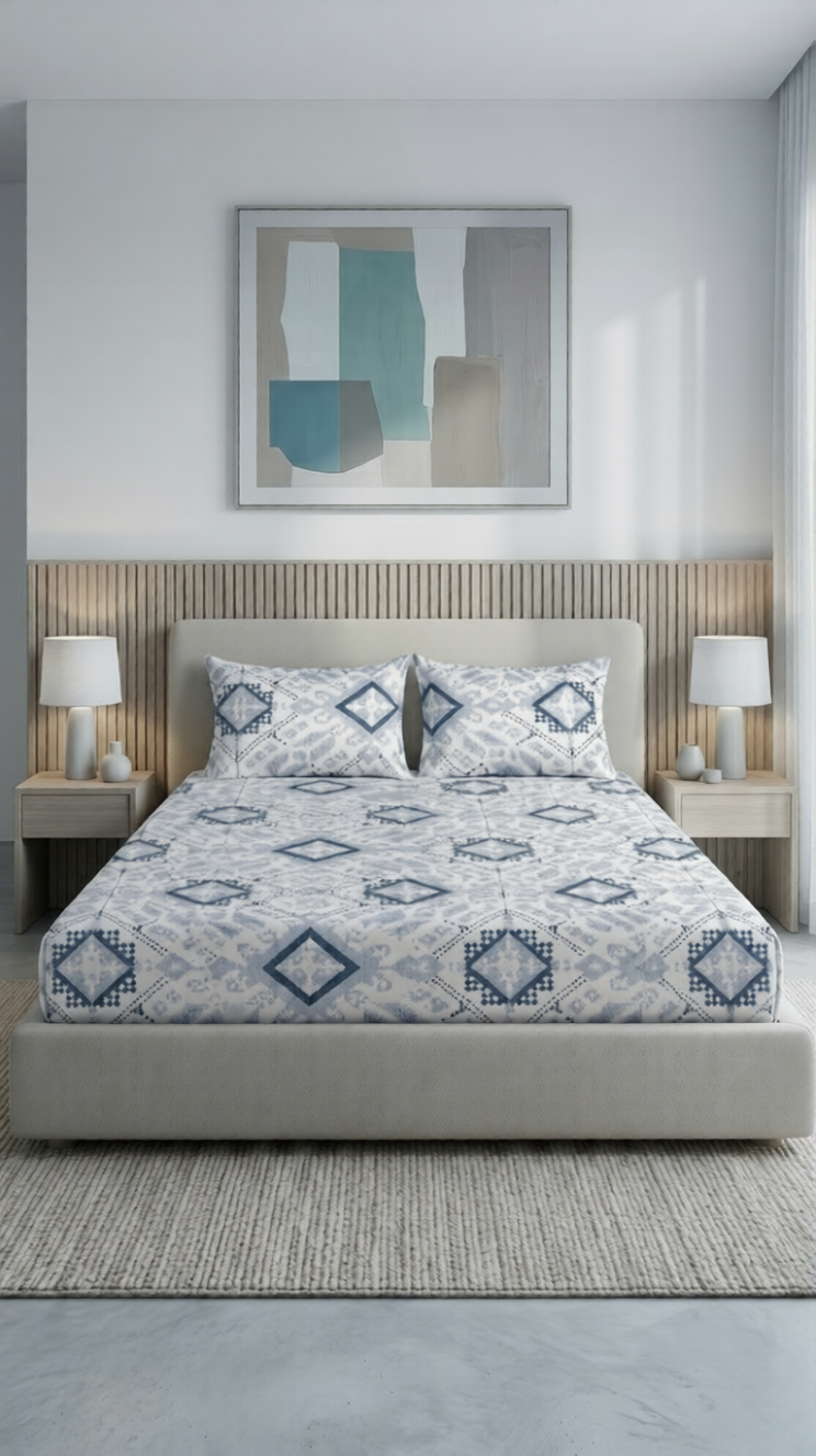 100% Cotton Ethnic Pixel Weave flat bedsheet - Blue