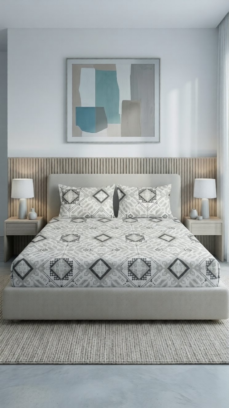 100% Cotton Ethnic Pixel Weave flat bedsheet - grey