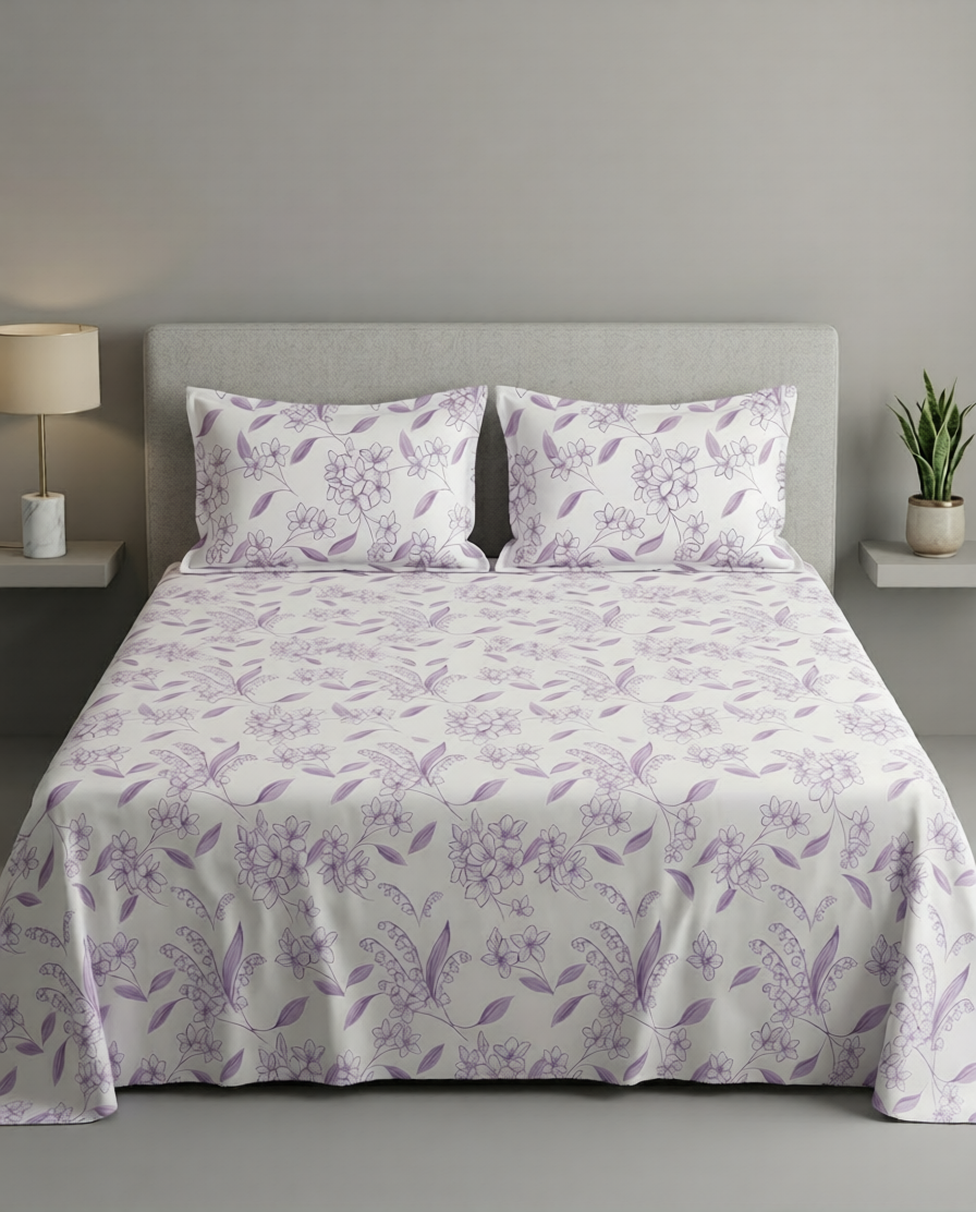 100% Cotton Floral Dreamscape flat bedsheet - Lavender