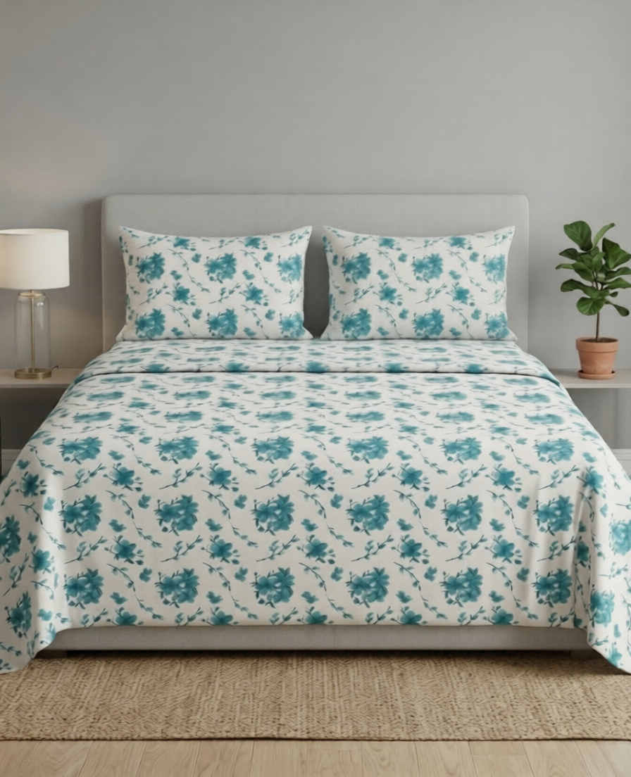 100% Cotton The Aurelia Flora flat bedsheet - Blue Accent