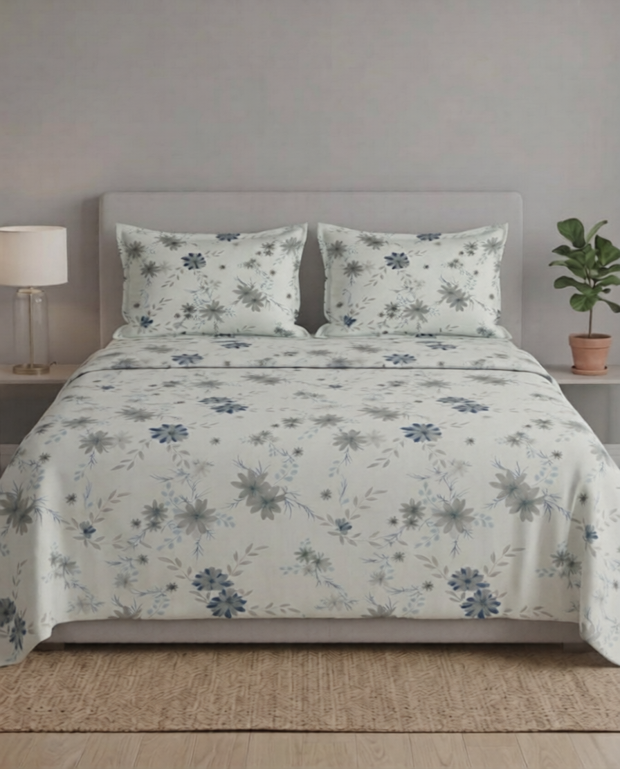 100% Cotton Serene Bloom flat bedsheet - Grey-Blue