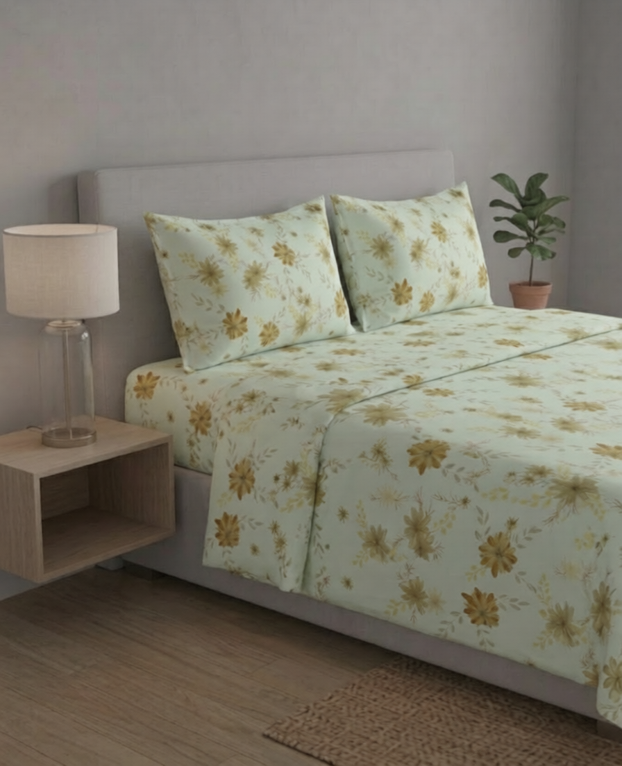 100% Cotton Serene Bloom flat bedsheet - Yellow-Brown