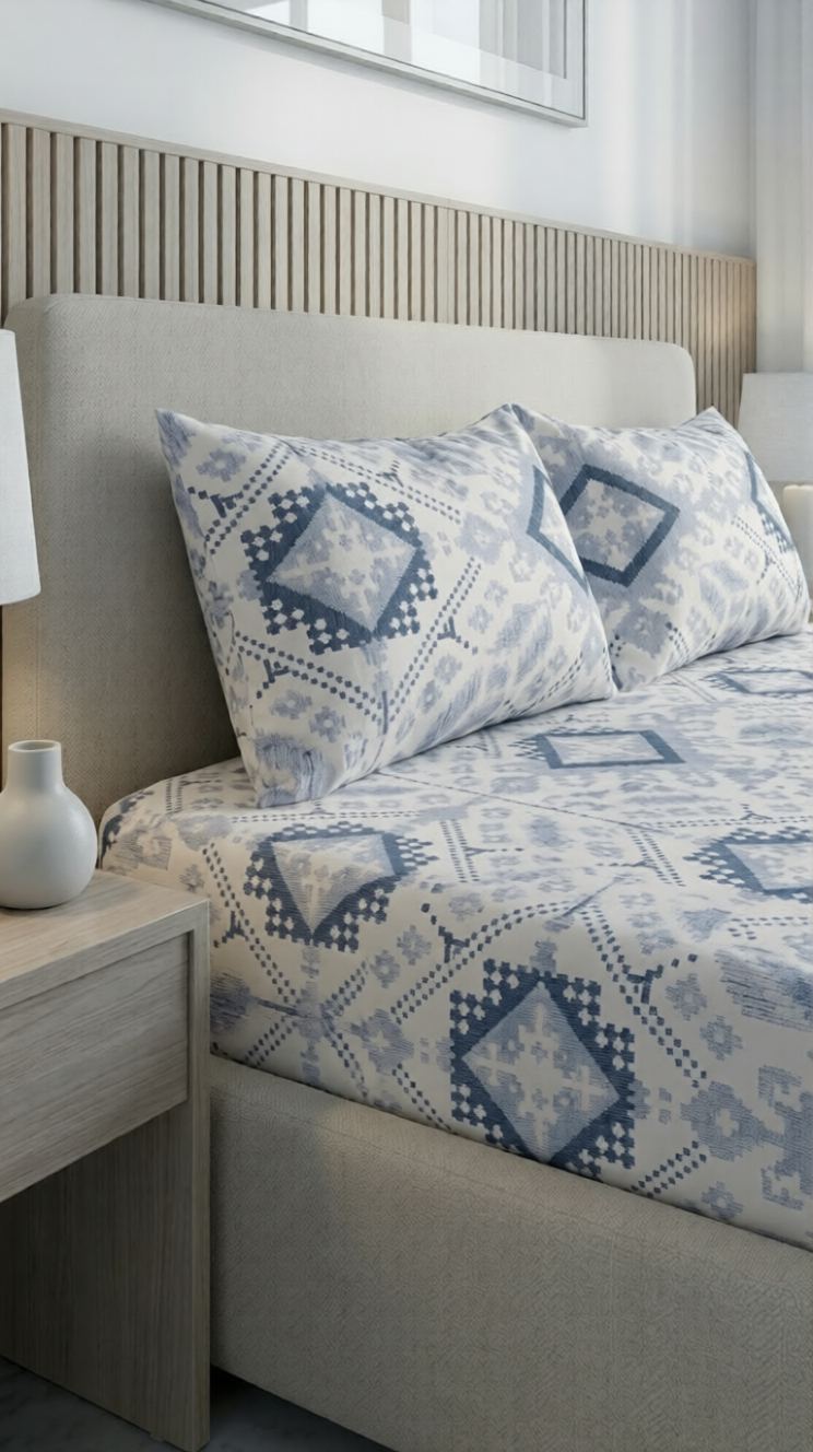 100% Cotton Ethnic Pixel Weave flat bedsheet - Blue