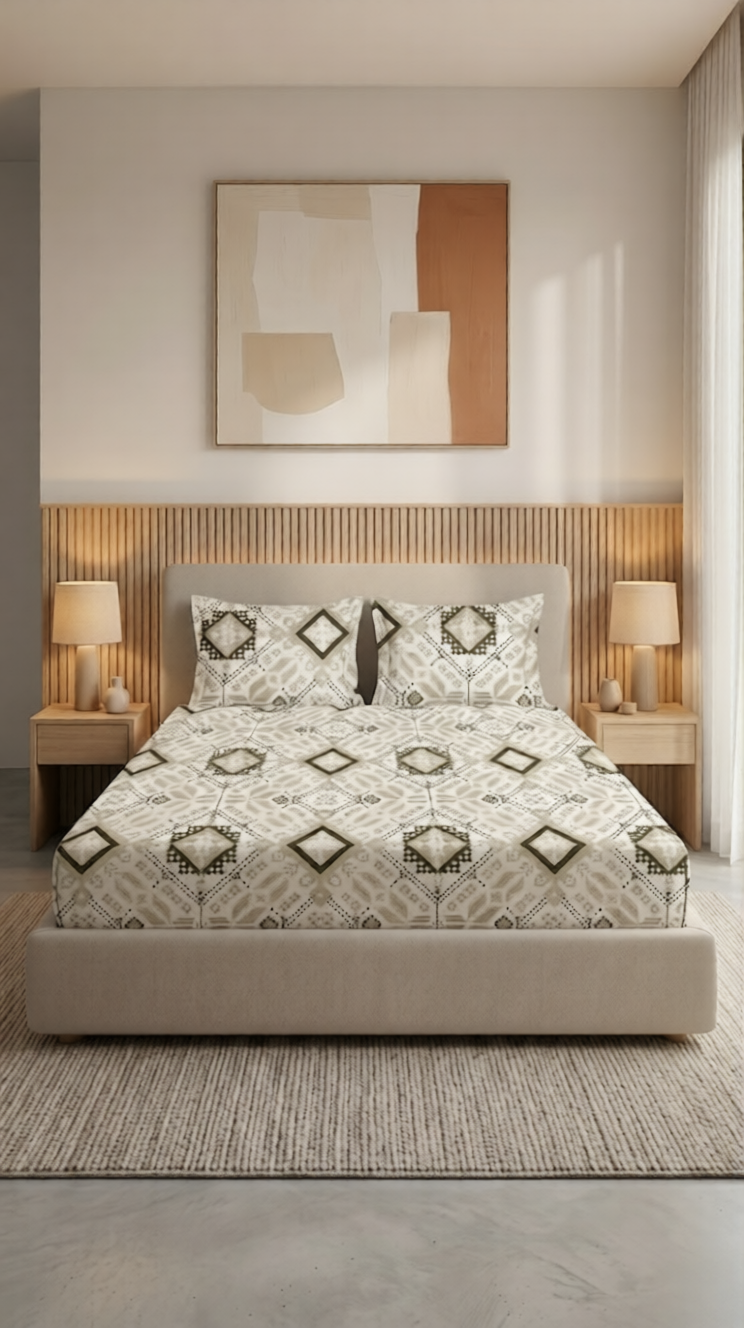 100% Cotton Ethnic Pixel Weave flat bedsheet - Brown-Golden