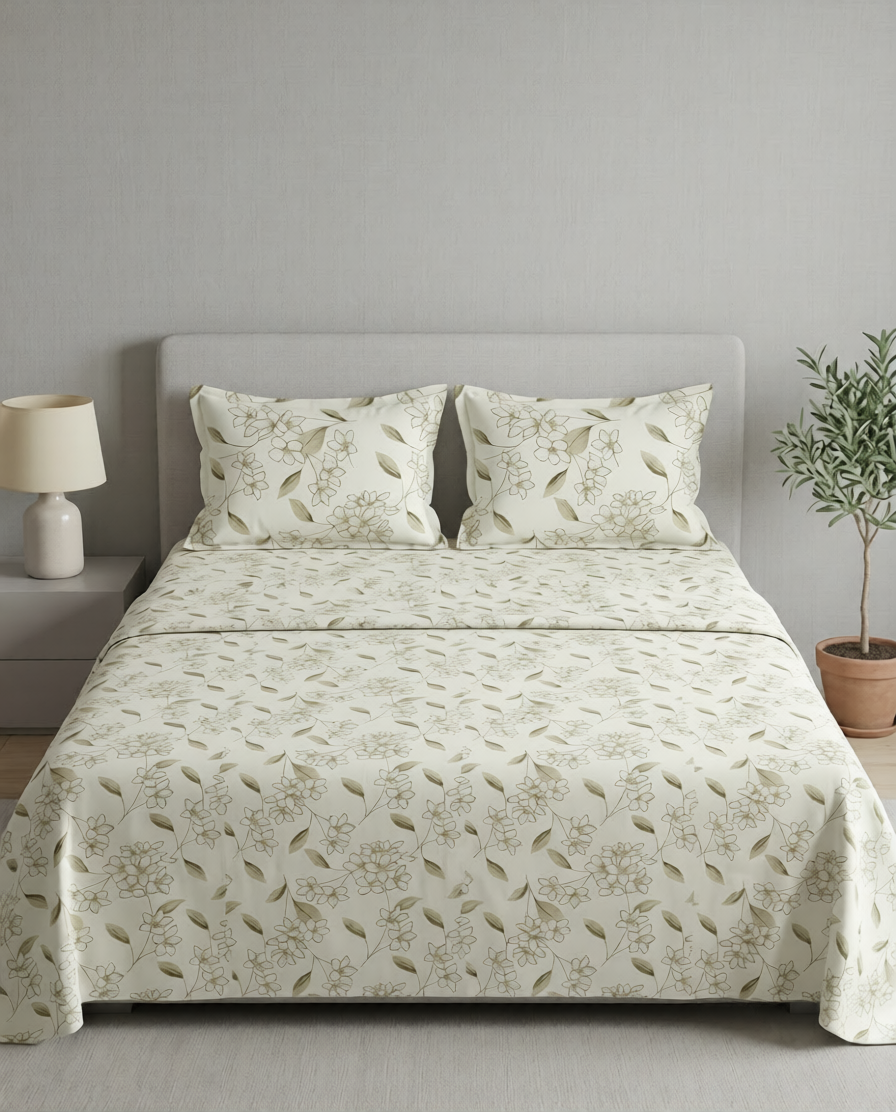 100% Cotton Floral Dreamscape flat bedsheet - beige