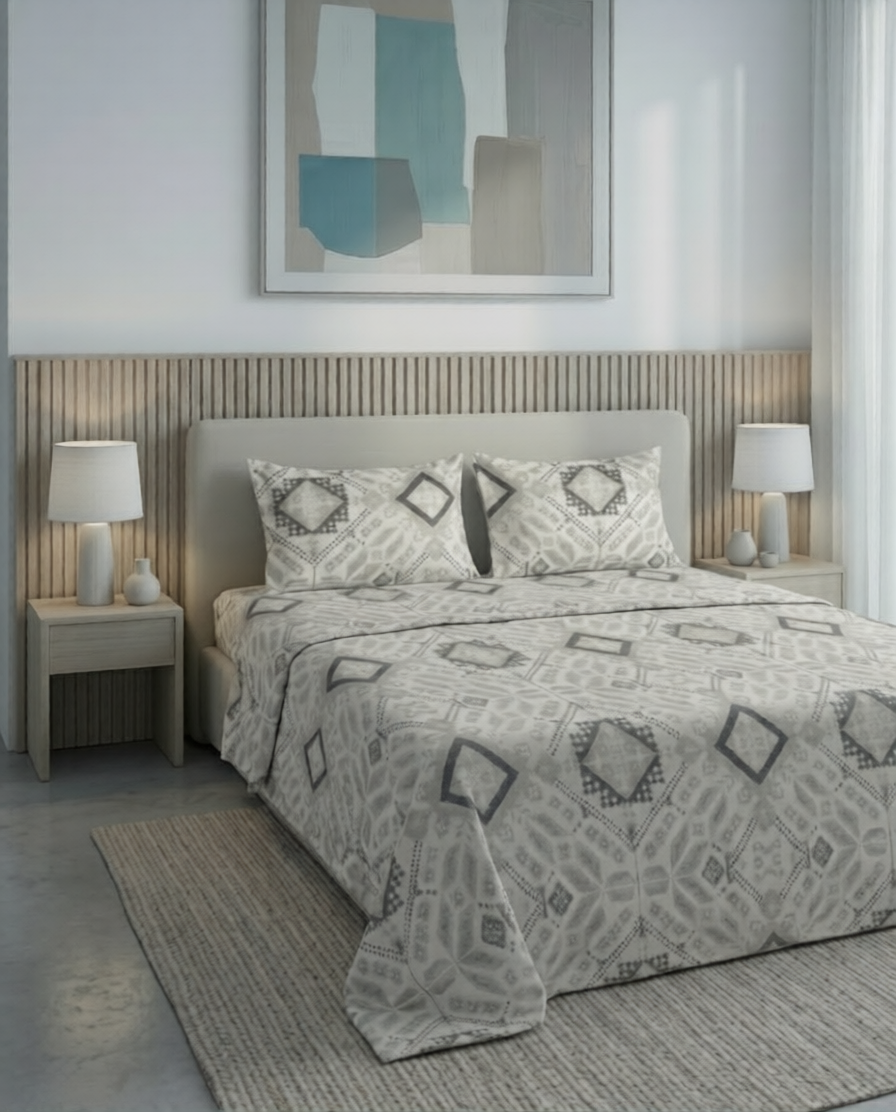 100% Cotton Ethnic Pixel Weave flat bedsheet - grey