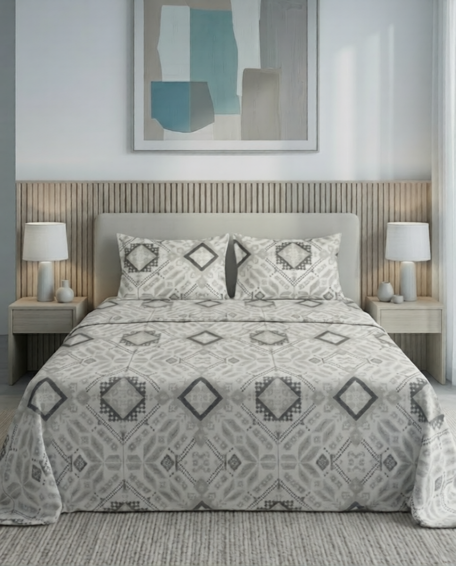 100% Cotton Ethnic Pixel Weave flat bedsheet - grey