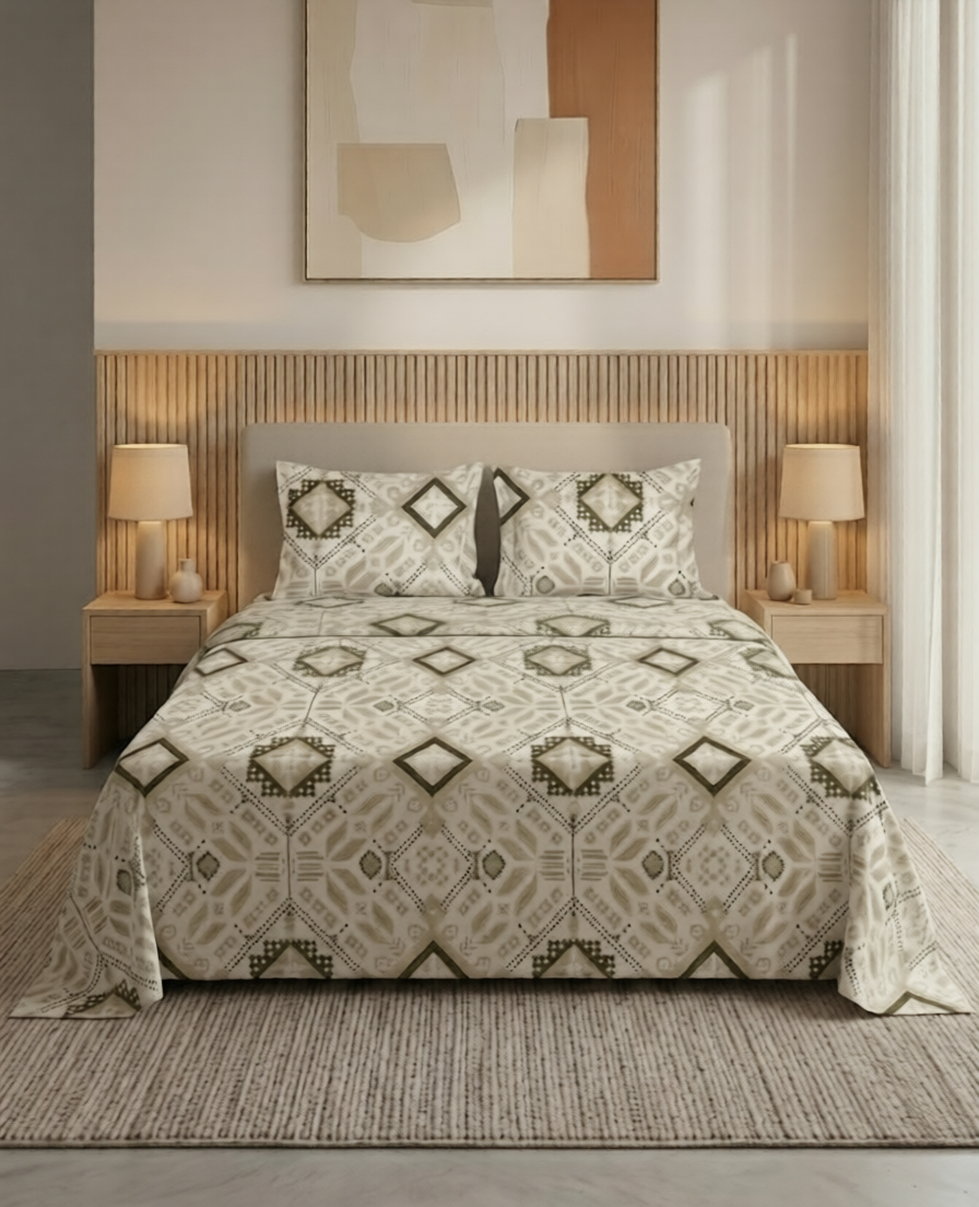 100% Cotton Ethnic Pixel Weave flat bedsheet - Brown-Golden